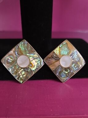 Vintage Alpaca Mexico Mother of Pearl Abalone Inlay Square Statement Earrings